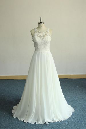 A-line Jewel Neck Sleeveless Chapel Train Tulle Bridal Gown With Lace