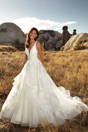 A-line Plunging Neckline Sleeveless Chapel Train Tulle Wedding Gown With Lace