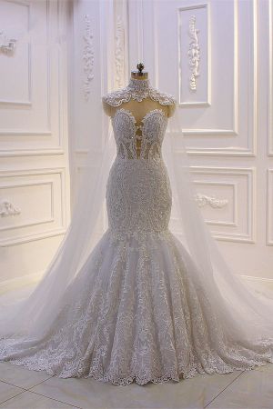 Mermaid V-neck Sleeveless Floor-length Tulle Bridal Dress With Lace