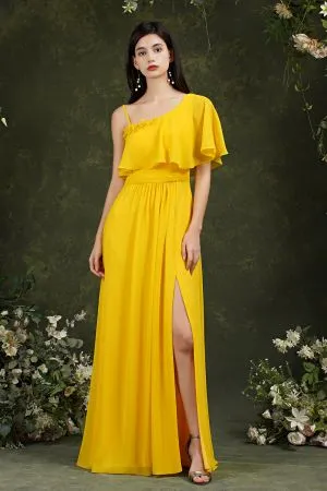A-line Spaghetti Straps Sleeveless Floor-length 100D Chiffon Bridesmaid Outfit With Split Front