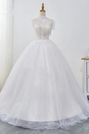 Mermaid High Neck Sleeveless Floor-length Tulle Wedding Dress With Beading