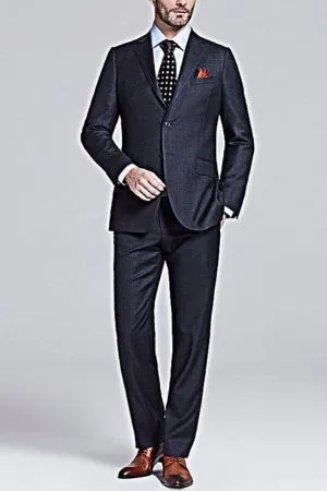 Black Single Breasted Wool Blend Men's Business Suit with manly Grey Grid Peak Lapel