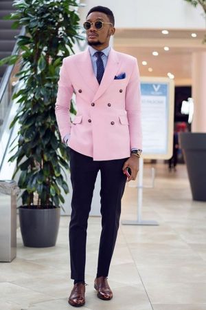 Pink Double Breasted Peaked Lapel  Men Suit