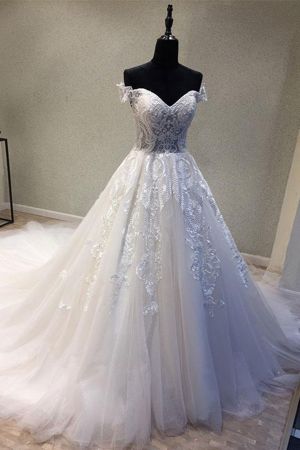 A-line Sweetheart Neck Cap Sleeves Floor-length Tulle Bridal Gown With Lace