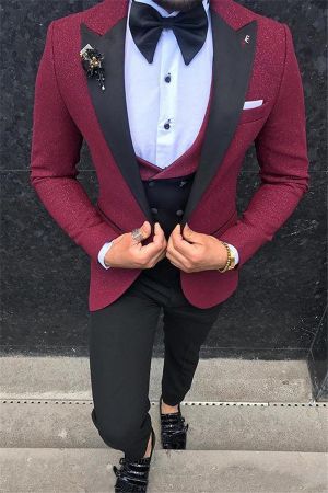 Burgundy Three Piece Peaked Lapel Suit