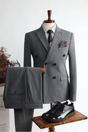 Gray Double Breasted Peaked Lapel Business Men Suit