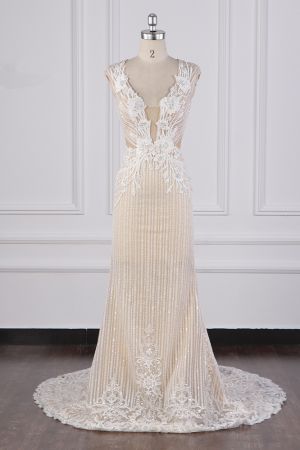 Mermaid V-neck Sleeveless Floor-length Tulle Wedding Gown With Beading
