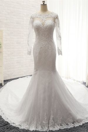 Mermaid Straps Jewel Neck Long Sleeves Court Train Bridal Gown With Appliques