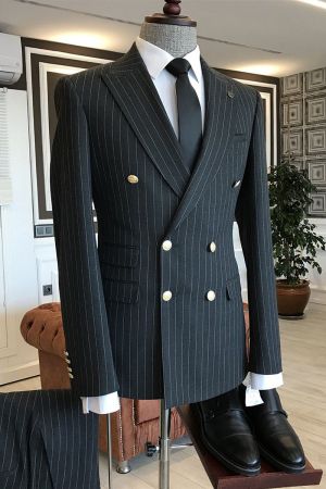 Black Striped Double Breasted Business Suit For Men