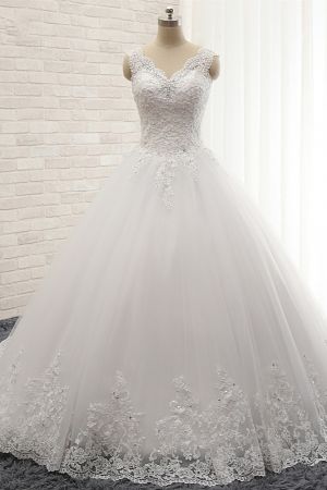 A-line Straps Sleeveless Court Train Tulle Bridal Dress With Appliques