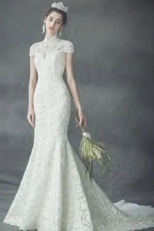 Mermaid High Neck Cap Sleeves Court Train Lace Wedding Gown With Lace