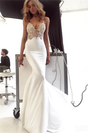 Mermaid Spaghetti Straps Sleeveless Sweep / Brush Train Bridal Attire With Appliques