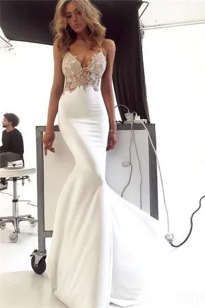 Mermaid Spaghetti Straps Sleeveless Sweep / Brush Train Bridal Attire With Appliques
