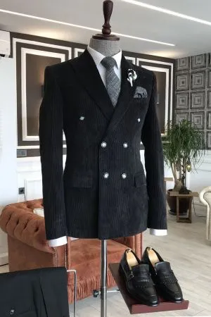 Formal All Black Velvet Business Suit with Peaked Lapel