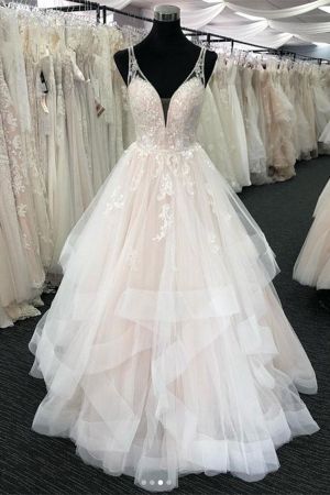 A-line V-neck Sleeveless Floor-length Tulle Wedding Dress