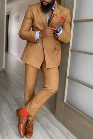 Gold Brown Double Breasted Men's Suit with Peaked Lapel for Prom