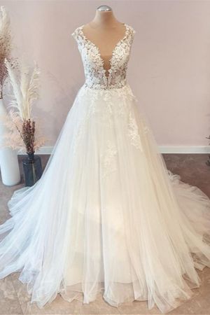 A-line Sweetheart Neck Sleeveless Sweep / Brush Train Tulle Bridal Gown With Lace