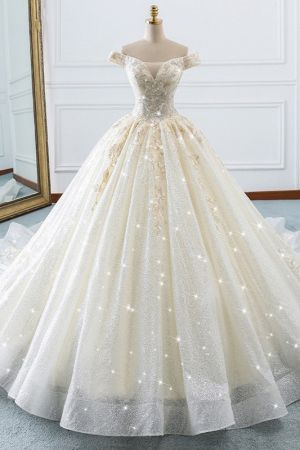 Ball Gown Off-the-shoulder Sweetheart Neck Sleeveless Floor-length Tulle Bridal Dress With Beading