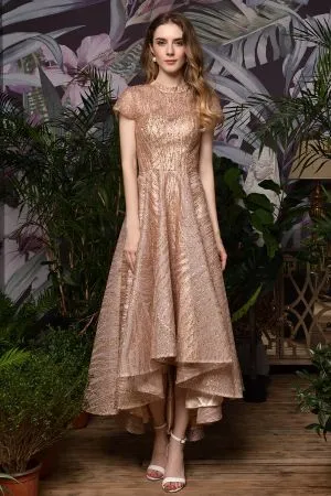 Aurelia Sequin High-Neck Cap Sleeve Hi-Lo A-Line Evening Dress