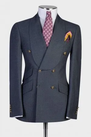 Steel Blue Textured Shawl Lapel Double Breasted Slim Fit Suit