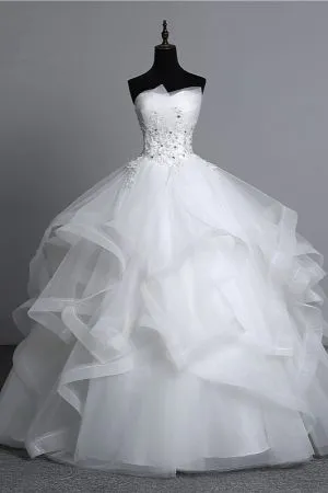 A-line Strapless Floor-length Tulle Bridal Gown With Appliques