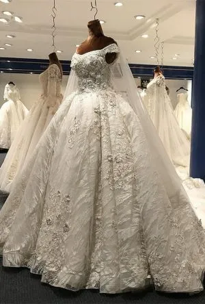 Off-the-shoulder Floor-length Wedding Gown With Lace