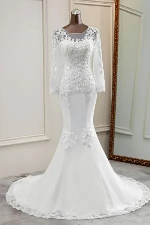 Mermaid Jewel Neck Long Sleeves Floor-length Tulle Wedding Dress With Appliques