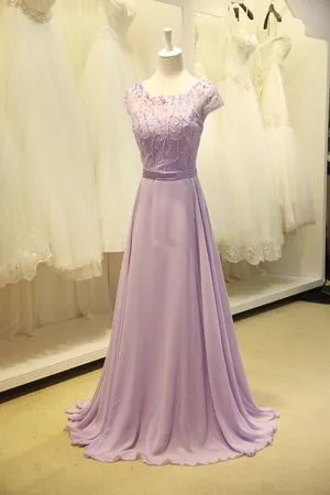 A-line Jewel Neck Sweep / Brush Train 100D Chiffon Evening Dress With Beading