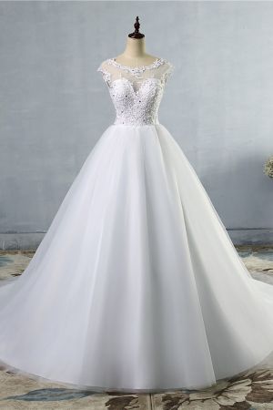 A-line Jewel Neck Sleeveless Floor-length Tulle Wedding Dress With Lace