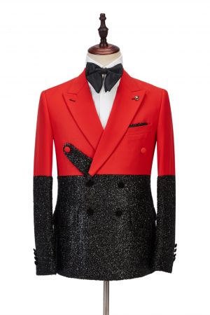 Bright Red Stitching Sparkle Black Men's Suit