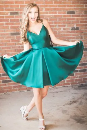 A-line Spaghetti Straps V-neck Sleeveless Mini Stretch Satin Homecoming Gown