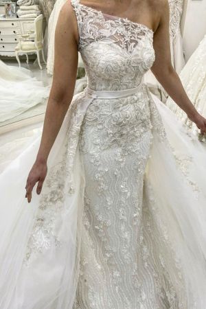 Column One Shoulder Detachable Train Lace Bridal Gown With Lace