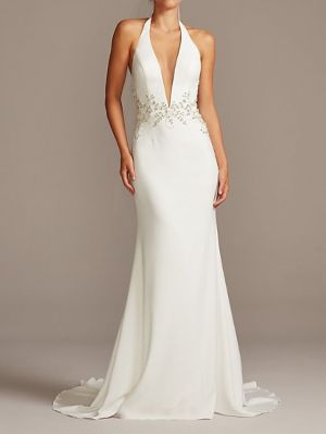 Mermaid Plunging Neckline Sleeveless Sweep / Brush Train Tulle Wedding Gown With Beading
