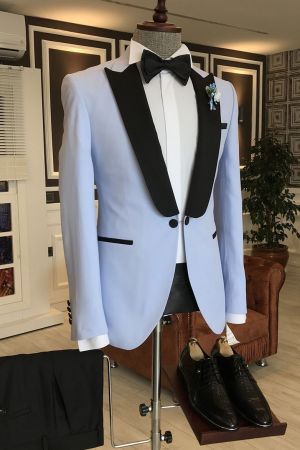 Sky Blue Slim Fit Suit with Mixed Black Peaked Lapel