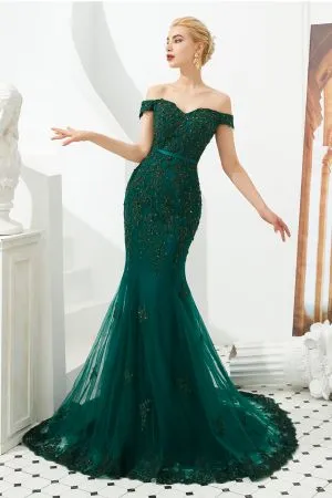 Mermaid Off-the-shoulder Cap Sleeves Chapel Train Tulle Formal Dress With Lace