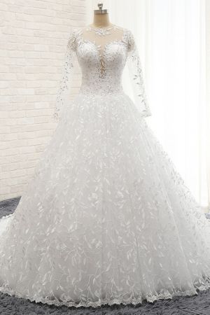 A-line Jewel Neck Long Sleeves Floor-length Tulle Bridal Dress With Appliques