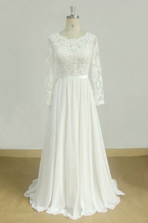 A-line Jewel Neck Long Sleeves Floor-length Tulle Bridal Dress With Lace
