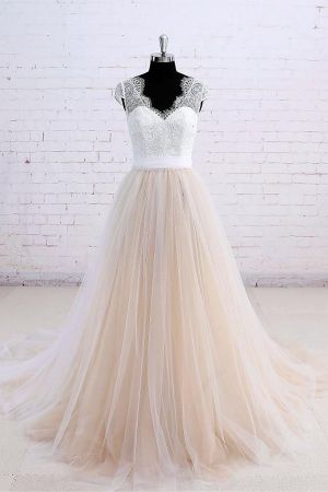 A-line V-neck Short Sleeves Court Train Tulle Wedding Gown With Ribbons