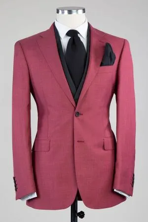 Men's Modern Fit Berry Red 3-Piece Wool Blend Suit with Double Breasted Shawl Lapel Vest