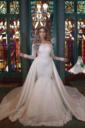 A-line Off-the-shoulder Long Sleeves Chapel Train Satin Wedding Dress With Lace