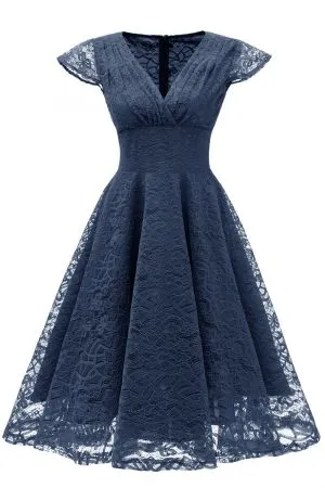 A-line V-neck Sleeveless Knee-length Lace Party Dress With Lace