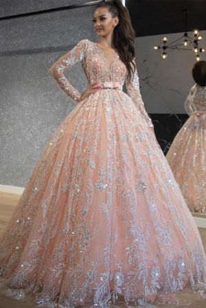 Ball Gown Jewel Neck Long Sleeves Sweep / Brush Train Tulle Wedding Gown With Crystal