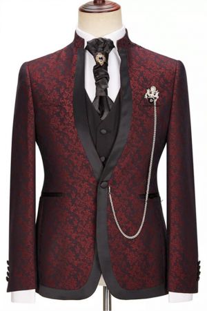 Burgundy Jacquard Wedding Suit With Special Lapel