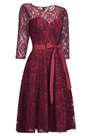 A-line Scoop Neck Half-Sleeves Mini Lace Bridesmaid Dress With Ribbons