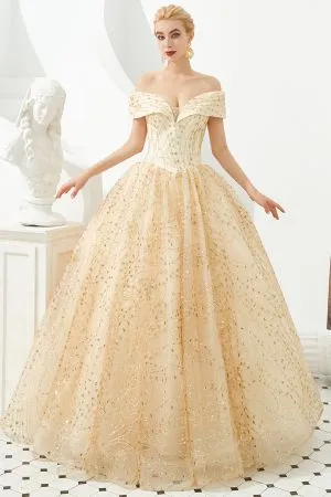 Off-the-shoulder Cap Sleeves Sweep / Brush Train Tulle Formal Wear With Sequins
