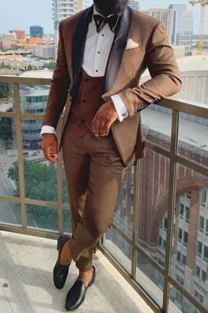Brown Three Piece Black Shawl Lapel Wedding Suit