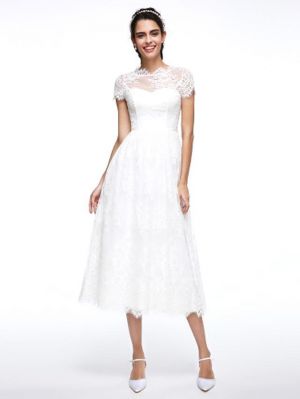 A-line Strapless Short Sleeves Tea-length 100D Chiffon Wedding Gown With Lace