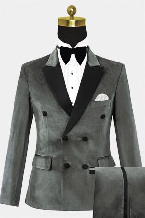 Grey Double Breasted Velvet Prom Suit with Notched Lapel