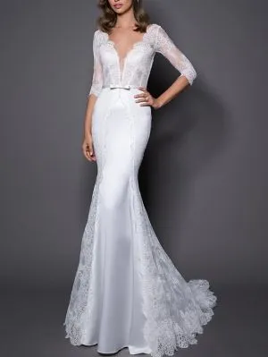 Mermaid V-neck Sweep / Brush Train Lace Bridal Dress With Lace