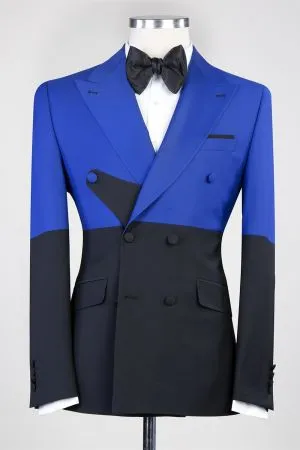 Blue And Black Double Breasted Peaked Lapel Prom Men Suit